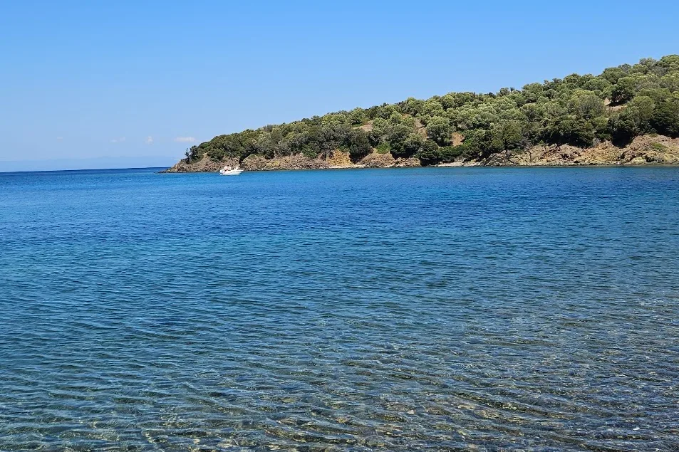Clear shallow water over pebbles, with a wooded headland across the bay at TheJu Beach.